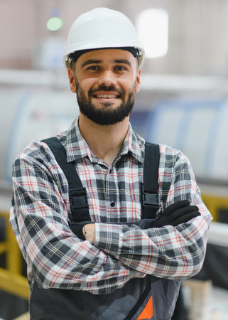 Confident industrial worker smiling with arms crossed, showing professionalism and expertise in a...