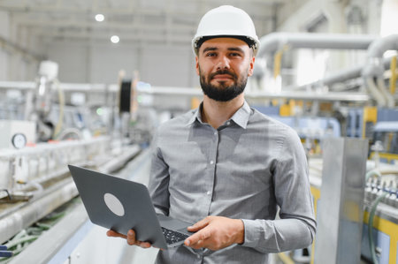 Bearded industrial engineer wearing hardhat holding laptop and inspecting production line in modern factoryの写真素材