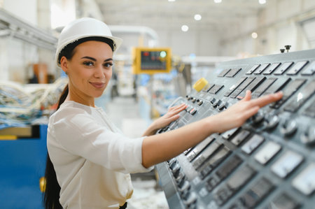 Female industrial engineer wearing hardhat operating control panel of machinery in a modern factory
