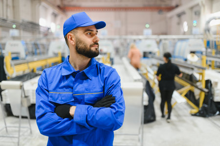 Supervisor with crossed arms monitoring the production line in a modern window and door factory