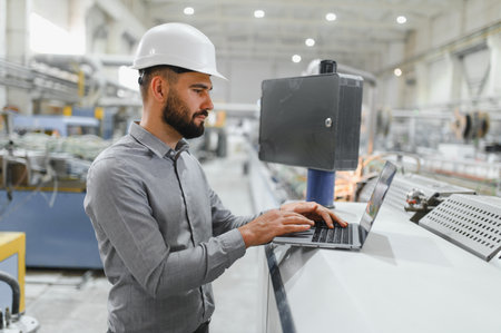 Industrial engineer wearing hardhat uses laptop to monitor and control machinery on production line...