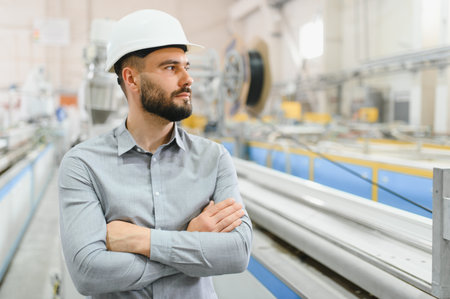 Supervisor with crossed arms monitors automated production line in pvc windows and doors factory