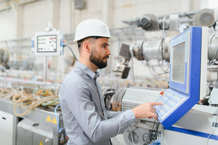 Industrial engineer wearing hardhat operating machinery in modern manufacturing plant, showcasing...