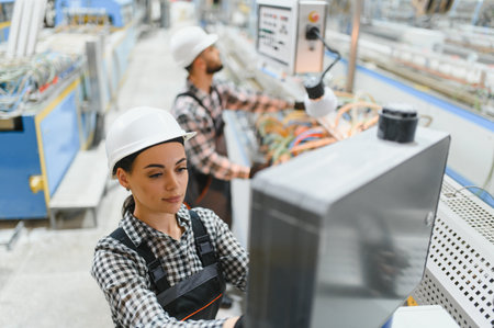 Engineers working with control panel, checking automated production line in modern window and door...