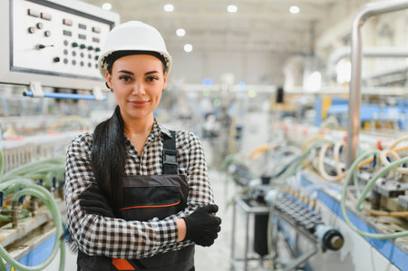 Confident female factory worker wearing hardhat and overalls stands proudly with crossed arms in...
