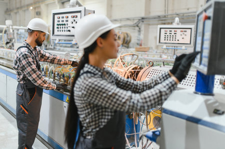 Industrial workers wearing overalls and hard hats operating machinery in a modern factory setting