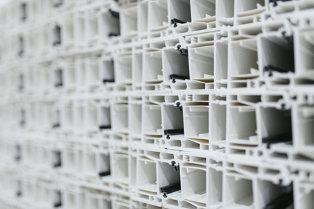 White plastic window and door frames stacked and ready for shipping in a factory warehouse,...