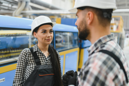 Two factory workers wearing overalls and hard hats are discussing operations next to machinery on...