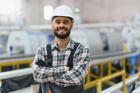 Portrait of a confident engineer smiling with crossed arms in a modern industrial environment,...