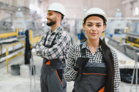 Two factory workers standing in a production line, wearing hard hats and overalls, looking confident...