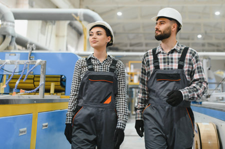 Two factory workers wearing overalls and hard hats are walking and discussing work in a modern...