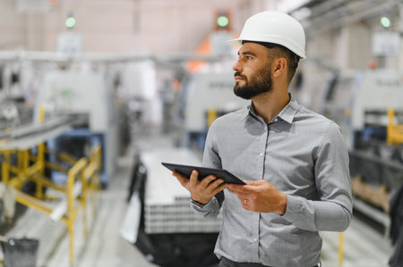 Industrial engineer wearing hardhat using digital tablet, controlling machinery and production line...