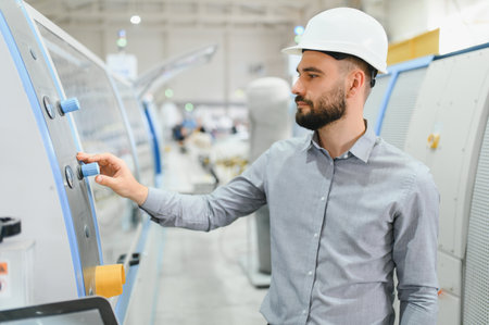 Industrial engineer adjusting machinery settings on production line, ensuring smooth operation and...