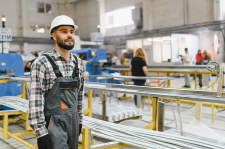 Supervisor wearing safety helmet monitoring aluminum and pvc windows and doors production line in...