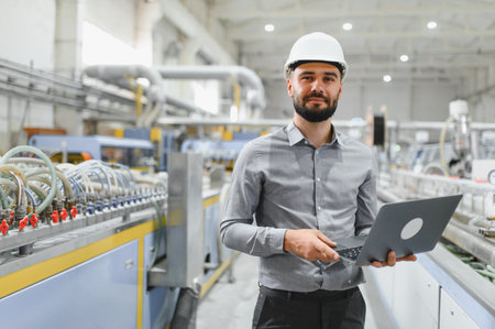 Industrial engineer with hardhat holding laptop, managing and supervising production line in modern...