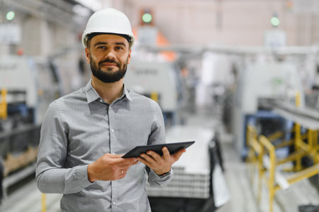 Industrial engineer using a tablet and wearing a safety helmet in a factory for aluminum and pvc...