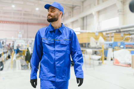 Confident factory worker walking through production plant, ensuring smooth operation and high...