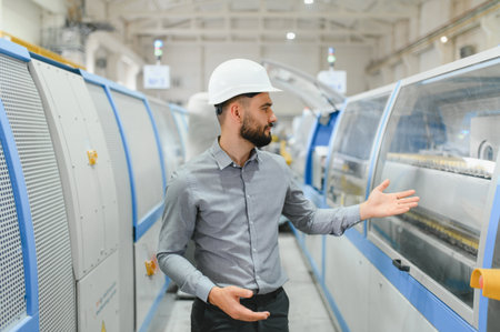 Industrial engineer wearing a hardhat, gesturing while inspecting advanced machinery in a modern...