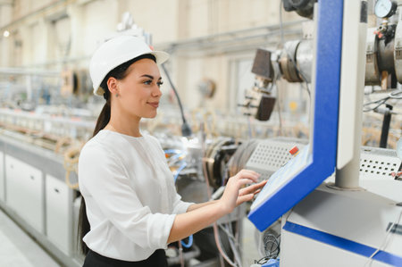 Female engineer wearing hardhat operating machinery in aluminum and pvc window and door factory