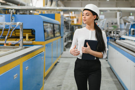 Female engineer wearing white helmet holding tablet and walking in pvc and aluminum window factory