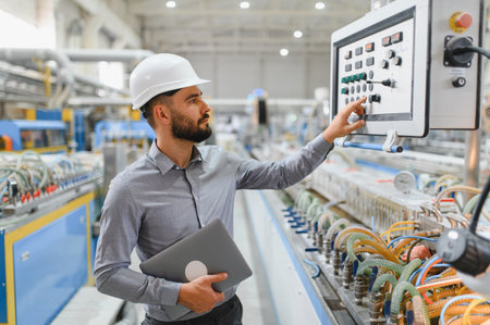 Industrial engineer with laptop and hardhat operating machinery in a modern factory, ensuring smooth...
