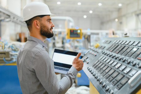 Factory engineer holding laptop and giving thumbs up while managing aluminum and pvc window and door...