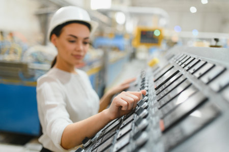 Female industrial engineer wearing hardhat operating control panel of machinery in production line...