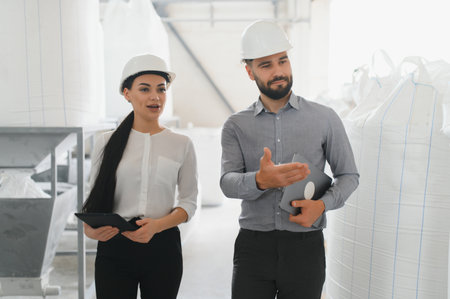 Two engineers wearing hardhats are discussing operations inside a flour production factory, holding...
