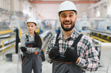 Two factory workers wearing overalls and hard hats smiling in front of machinery in a modern...