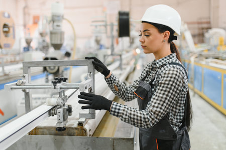 Female factory worker wearing protective clothing and hardhat operating machinery in a pvc window...