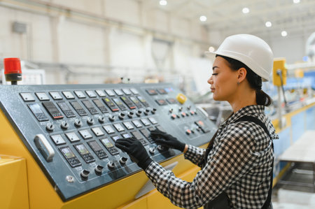 Concentrated female industrial worker operating machinery control panel, managing production process...