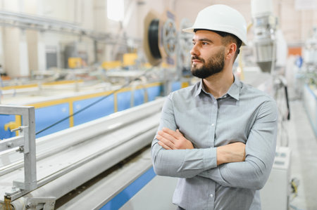 Supervisor with crossed arms wearing hardhat supervising production line in a window and door...