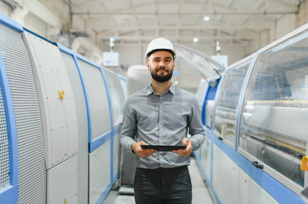 Supervisor wearing hardhat holding tablet walking through production line in factory, controlling...