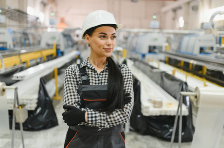 Confident female worker wearing hardhat and overalls stands with arms crossed in a window and door...