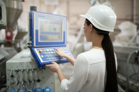 Female engineer wearing safety helmet operating industrial machinery in a modern factory production...