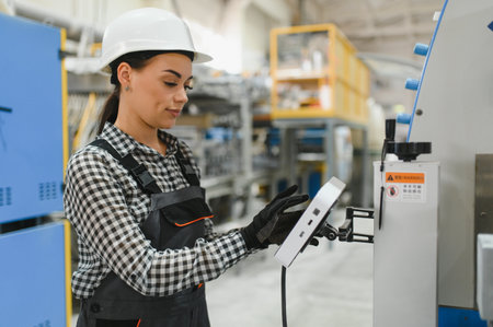 Female industrial worker wearing safety helmet and gloves operating machinery using digital...