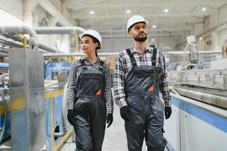 Two factory workers wearing overalls and hard hats are walking and inspecting a production line in a modern industrial facilityの写真素材