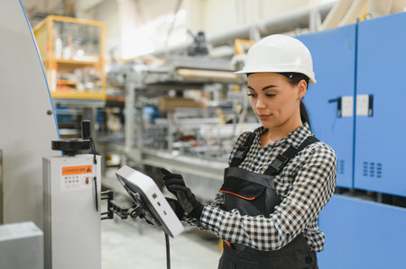 Confident female factory worker wearing overalls and hardhat, uses digital tablet to control machinery in modern industrial manufacturing plant, showcasing advanced technology in production processの写真素材
