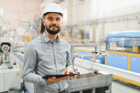 Industrial engineer wearing hardhat using tablet and supervising production line in modern pvc and...