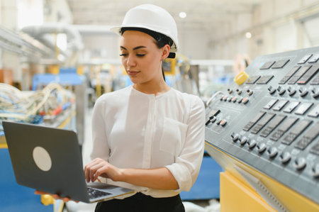 Female industrial engineer wearing hardhat, using laptop to manage production line in modern factory