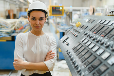 Portrait of a confident female engineer smiling with crossed arms, standing in front of a control...