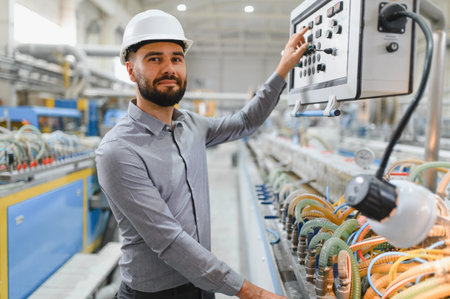 Supervisor wearing hardhat monitors production line in factory, ensuring smooth operation and...