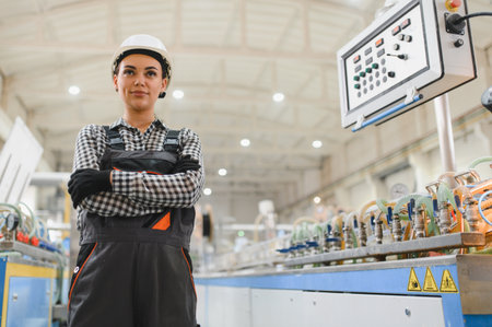 Confident female engineer wearing protective workwear and hardhat stands with crossed arms in modern...