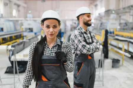 Confident industrial workers wearing hardhats and overalls in a factory setting, showcasing professionalism and safety in an industrial environmentの写真素材