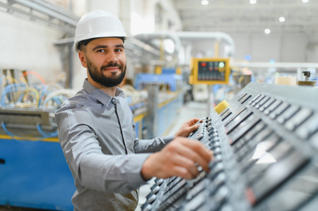 Industrial engineer wearing hardhat operating machinery in modern factory, ensuring smooth...