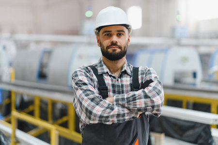 Industrial engineer wearing hardhat and overalls standing with crossed arms in modern factory,...