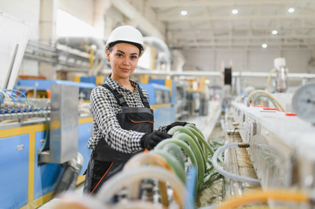 Female factory worker wearing protective workwear and hardhat checking green hoses on production...