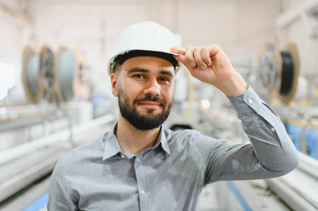 Portrait of an engineer adjusting his hardhat in a window and door factory, showing professionalism...