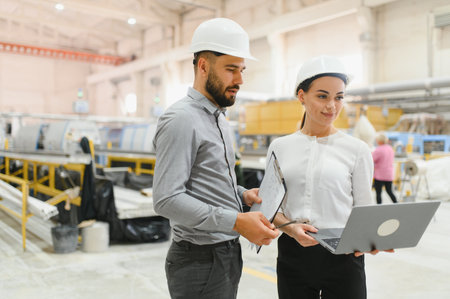 Two engineers discussing production process while holding laptop and clipboard in window factory