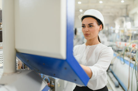 Confident female engineer wearing hardhat operating machinery in a modern factory producing aluminum...